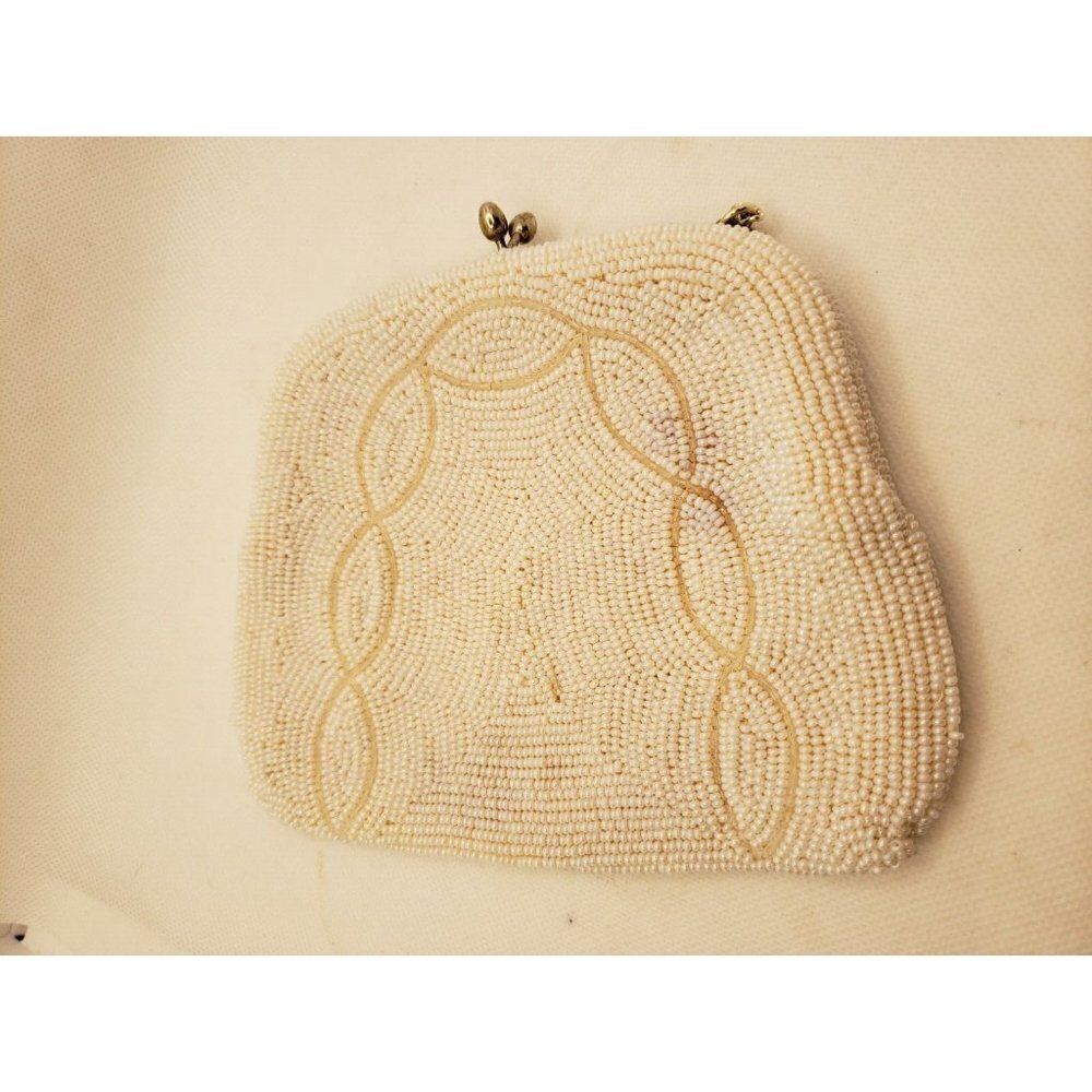 Richere White Beaded Evening Bag Seed Pearls Beads Gold Chain Clutch Purse Japan - Picture 3 of 10